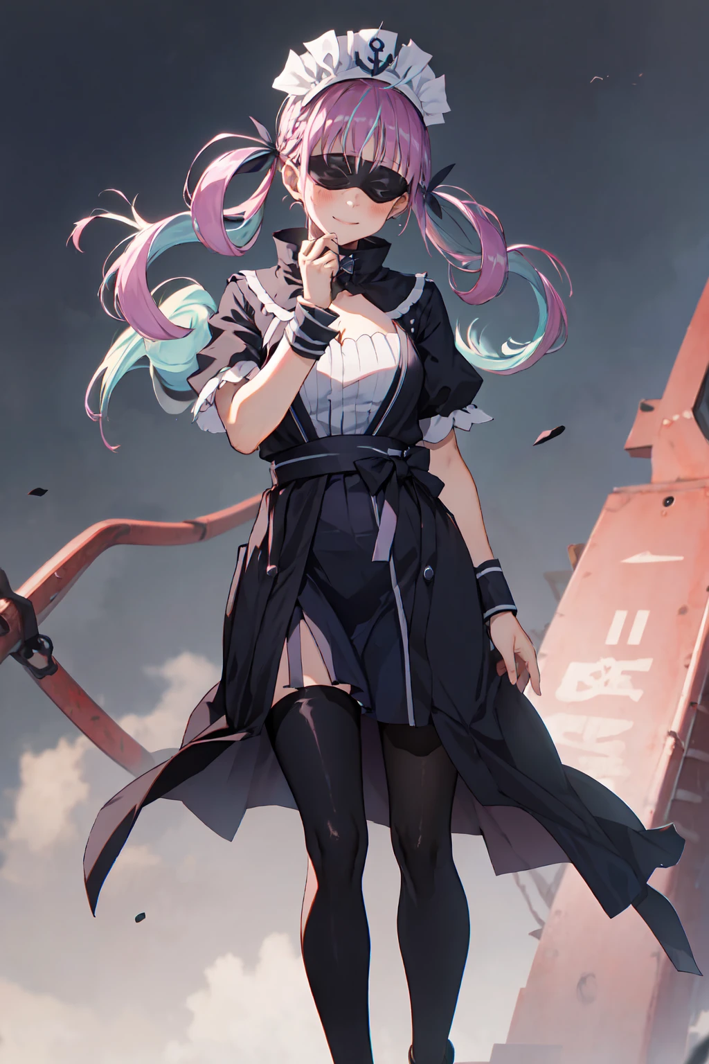 masterpiece, best quality, 1girl, Minato aqua, white hair, short hair,  blindfold, black jacket, black pants, ,high collar, long sleeves, shoes,  smile, full body, standing, arms on hips, solo, looking at viewer, simple background ,aaaqua, twintails, drill hair, maid headdress, cleavage, short sleeves, wrist cuffs,satoru gojo
