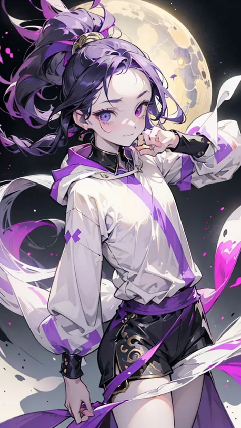 cheerful boy with open forehead. dark purple hair braided in a ponytail on the left side to one side. sinuous black horns wrappe...