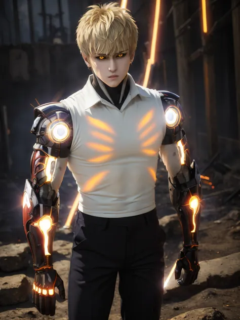 (masterpiece, best quality:1.4), colorful, high contrast, genos white shirt, sleeveless, black pants, mechanical arms, glowing, ...