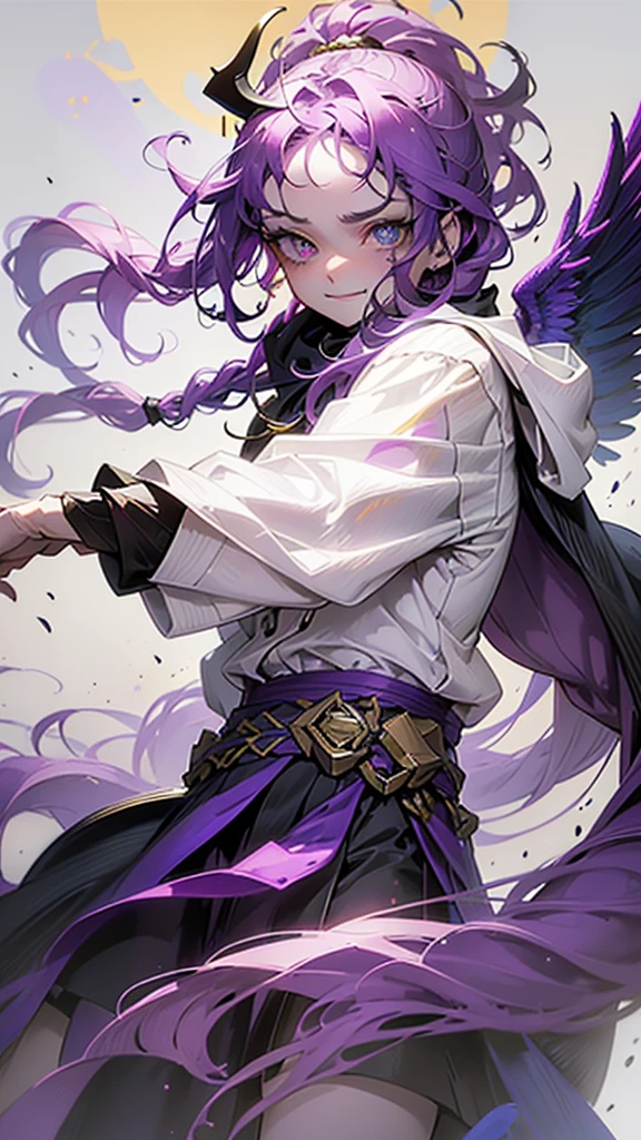 cheerful boy with open forehead. dark purple hair braided in a ponytail on the left side to one side. sinuous black horns wrapped in dark purple ribbon. pale violet eyes. in short dark purple shorts. long white T-shirt. dark purple knee-high socks. a white long robe with a hood flutters in the wind. black ancient stone walls of the castle purple light from lamps with gold ornaments, heterochromia, long curly hair, pale skin, I look at the viewer, closed mouth, bright smile, Beautiful, extremely detailed eye, Absolutely amazing art, extremely detailed, Digital art of the highest quality, full length, old pionino ancient castle