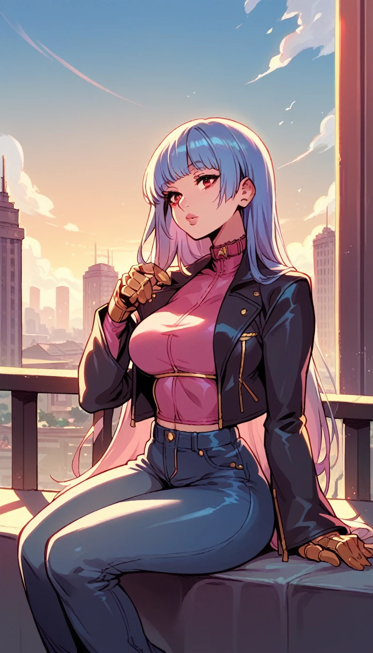 kula diamond, pink cropped, black jacket, chocker, jeans, looking around, morning, city, strong, closed lips, sit, mature
