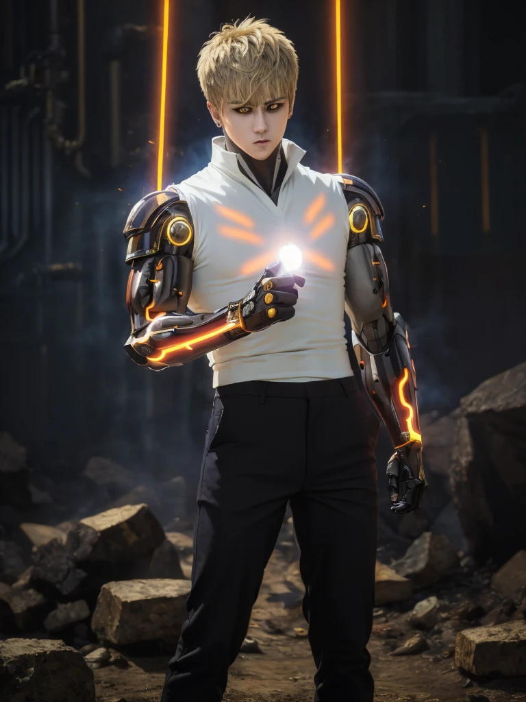 (masterpiece, best quality:1.4), colorful, high contrast, genos white shirt, sleeveless, black pants, mechanical arms, glowing, glowing eyes, glowing hand, standing, fighting stance,(ครึ่งตัว)