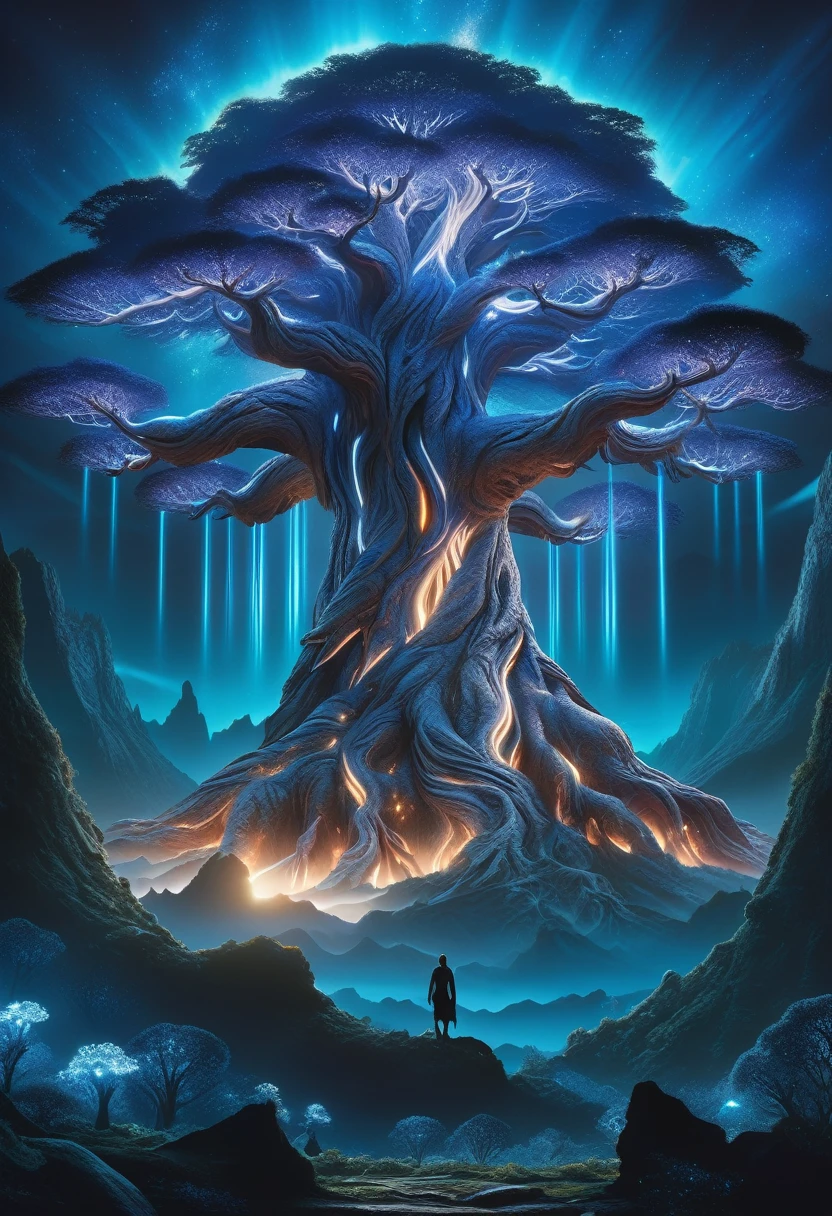 obra maestra hiper detallada, DonM3t3rn1tyXL,  montaña mágica con el enorme y antiguo árbol del mundo. Debe ser oscuro y místico., posiblemente brillando con una luz bioluminiscente de otro mundo. Su pose es majestuosa y regia., Exudando una sensación de poder mágico y gracia.. Colóquelo en una encantadora luz etérea y una flora mística que lo rodea. 