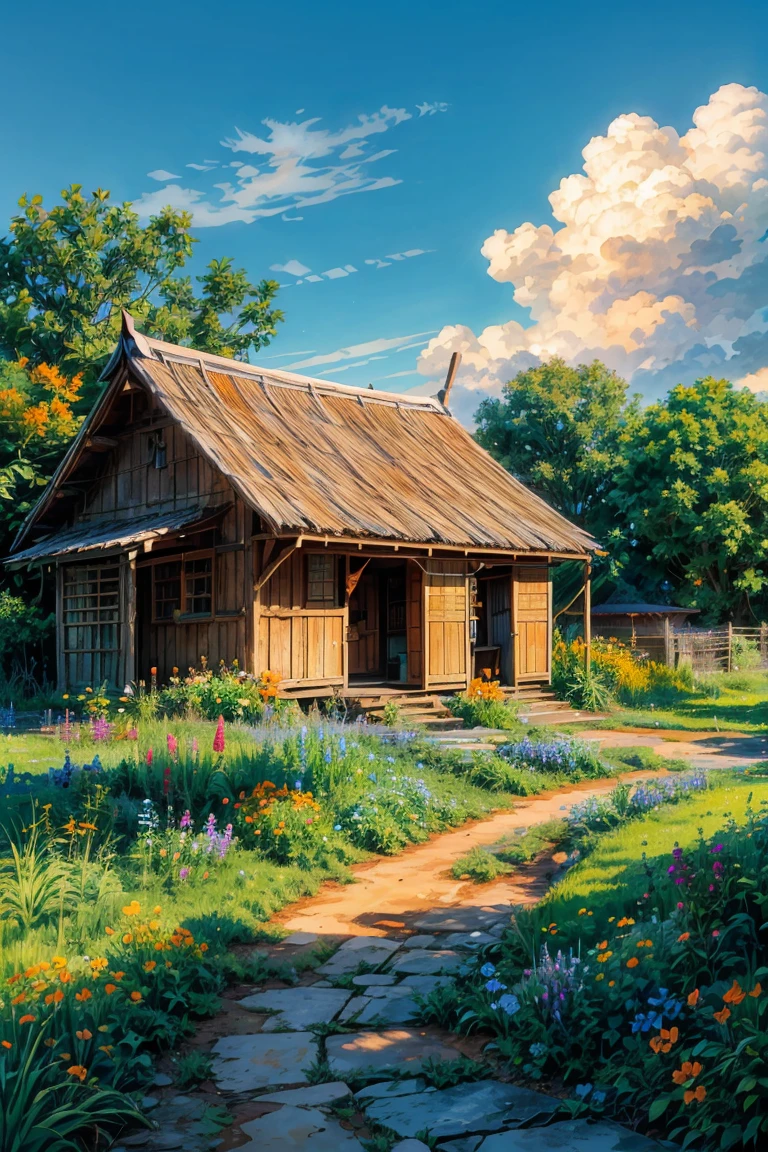  une vieille cabane en bois bleue dans le village, clôture en bois autour, verdure luxuriante, pots de fleurs sur Staris, un arbre avec des fleurs d&#39;oranger à l&#39;extérieur, herbe et fleurs poussant sur un chemin boueux, différentes teintes de ciel bleu nuageux, fond naturel, Fleurs au premier plan