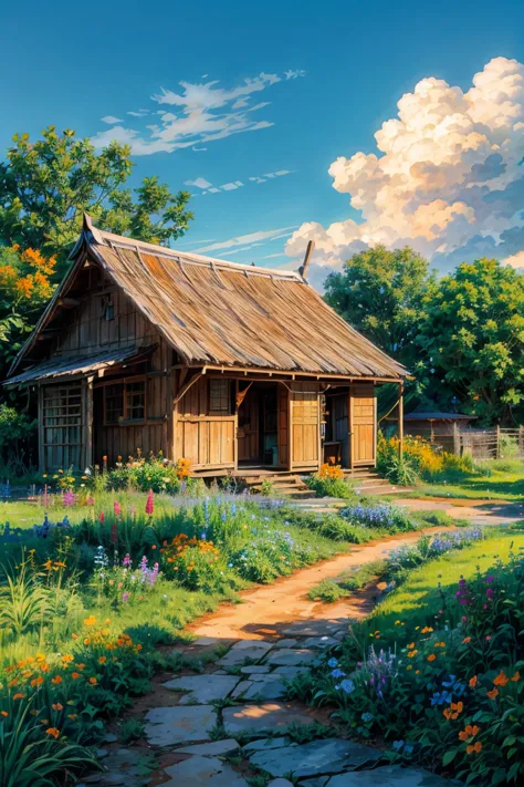  A blue wooden old hut in village, wooden fencing around, lush greenery, flower pots on staris, a tree with orange flowers outsi...