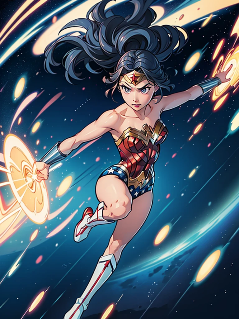 1girl, wonder woman, leotard, bare legs, boots, gloves, space, solo, single, spread arms, standing, (spinning) like a (tornado), light particles, sparkling, super speed, solo, single, speed lines