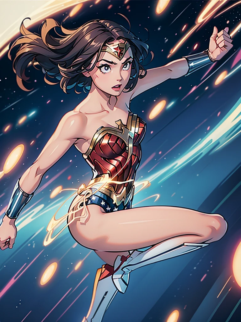 1girl, wonder woman, leotard, bare legs, boots, gloves, space, solo, single, spread arms, standing, (spinning) like a (tornado), light particles, sparkling, super speed, solo, single, speed lines