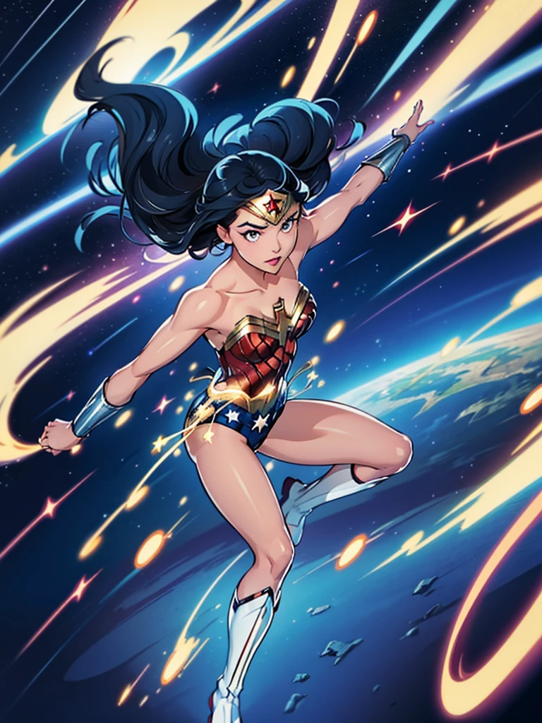 1girl, wonder woman, leotard, bare legs, boots, gloves, space, solo, single, spread arms, standing, (spinning) like a (tornado), light particles, sparkling, super speed, solo, single, speed lines