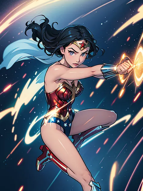 1girl, wonder woman, leotard, bare legs, boots, gloves, space, solo, single, spread arms, standing, (spinning) like a (tornado),...