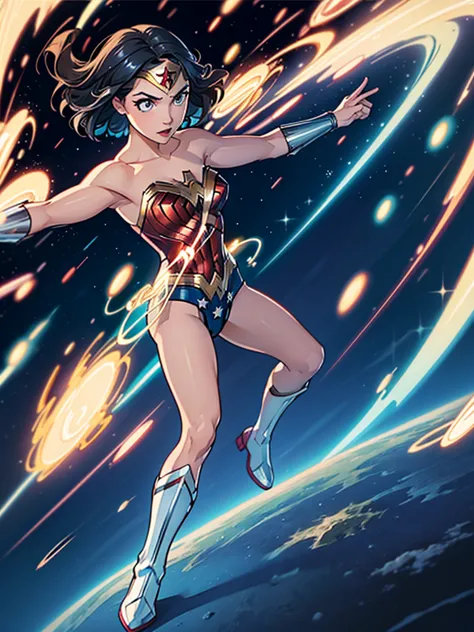 1girl, wonder woman, leotard, bare legs, boots, gloves, space, solo, single, spread arms, standing, (spinning) like a (tornado),...