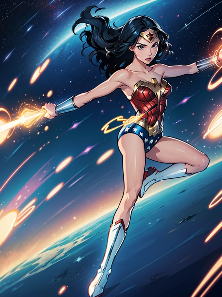 1girl, wonder woman, leotard, bare legs, boots, gloves, space, solo, single, spread arms, standing, (spinning) like a (tornado), light particles, sparkling, super speed, solo, single, speed lines