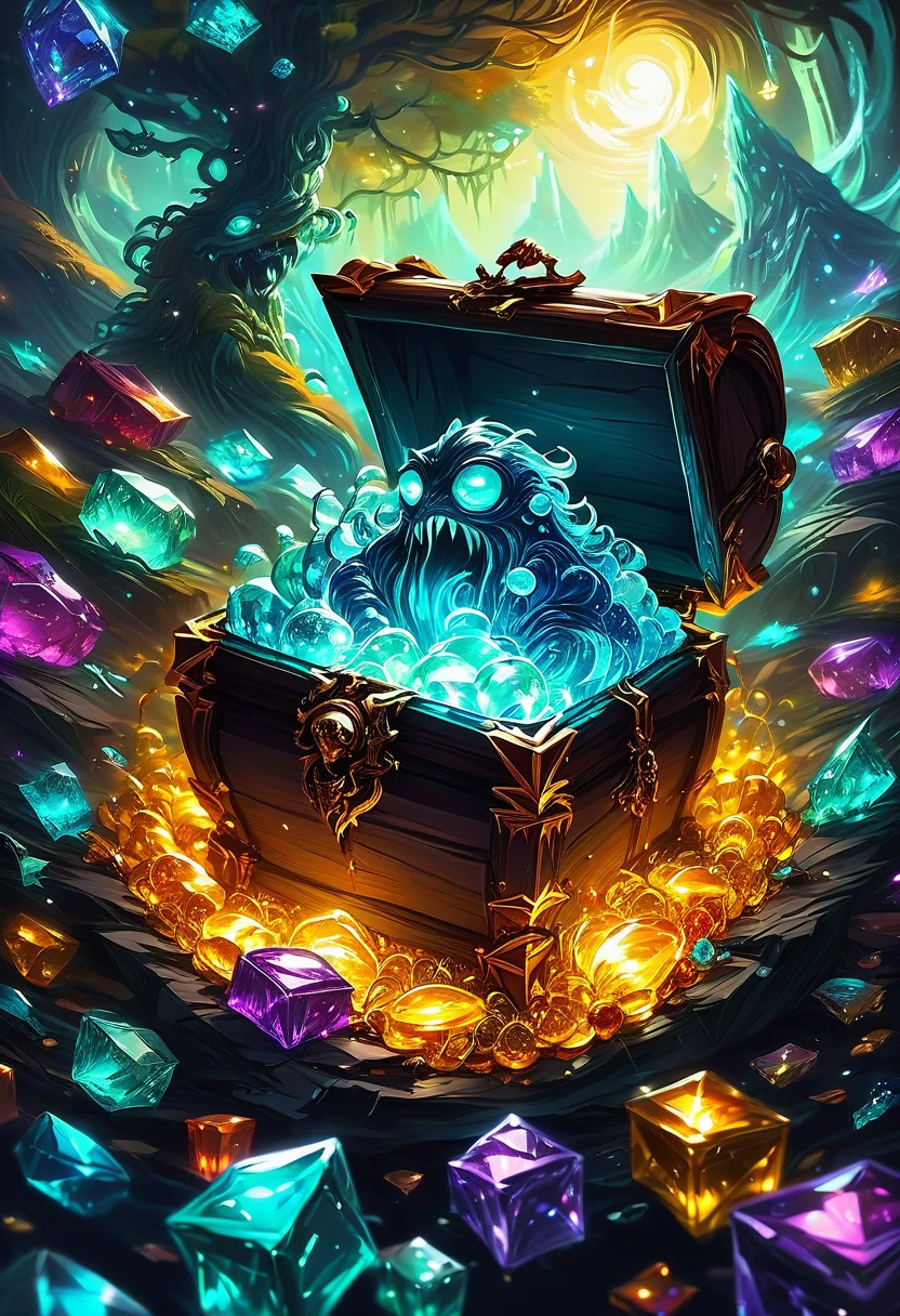 Mimic Treasure Box Monster. Scattered jewelry, by Cyril Rolando, best quality, masterpiece, very aesthetic, perfect composition, intricate details, ultra-detailed