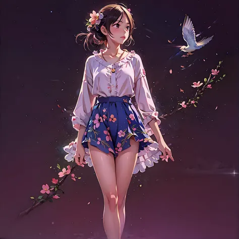 masterpiece, illustration, anime, 1girl, floral, cloud, bird, flow