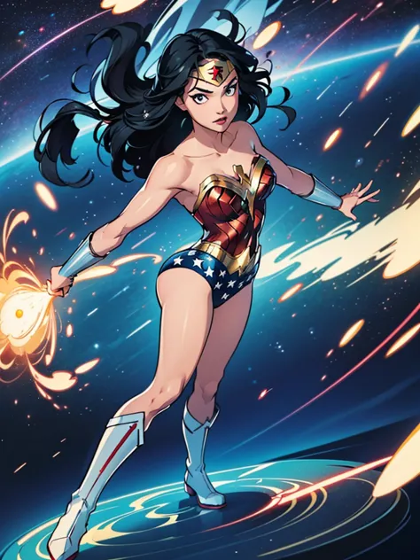 1girl, wonder woman, leotard, bare legs, boots, gloves, space, solo, single, spread arms, standing, (spinning) like a (tornado),...