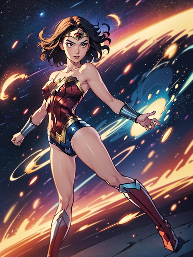 1girl, wonder woman, leotard, bare legs, boots, gloves, space, solo, single, spread arms, standing, (spinning) like a (tornado), light particles, sparkling, super speed, solo, single, speed lines