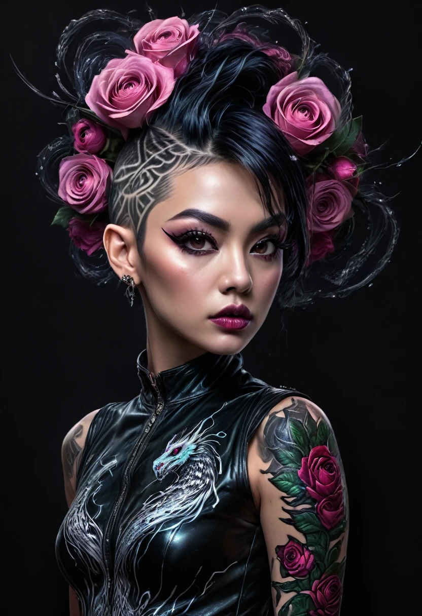 (best quality, 4k, 8K, high resolution, masterpiece: 1.2), ultra detailed: 1.4, back of a beautiful punk woman with a black dragon tattoo with roses, perfect body, mohawk hair:1,3 (photorealistic , intricate details: 1.37), highly detailed face, extremely detailed facial features, hyper-realistic skin texture, detailed skin texture, masterpiece, 8k, beautiful detailed eyes, beautiful detailed lips, extremely detailed face, long eyelashes, realistic, extremely details fine, photorealistic, dramatic lighting, moody lighting, cinematic lighting, physically based rendering, vivid colors, dramatic lighting, intricate details, cinematic composition, gothic fashion, dramatic pose