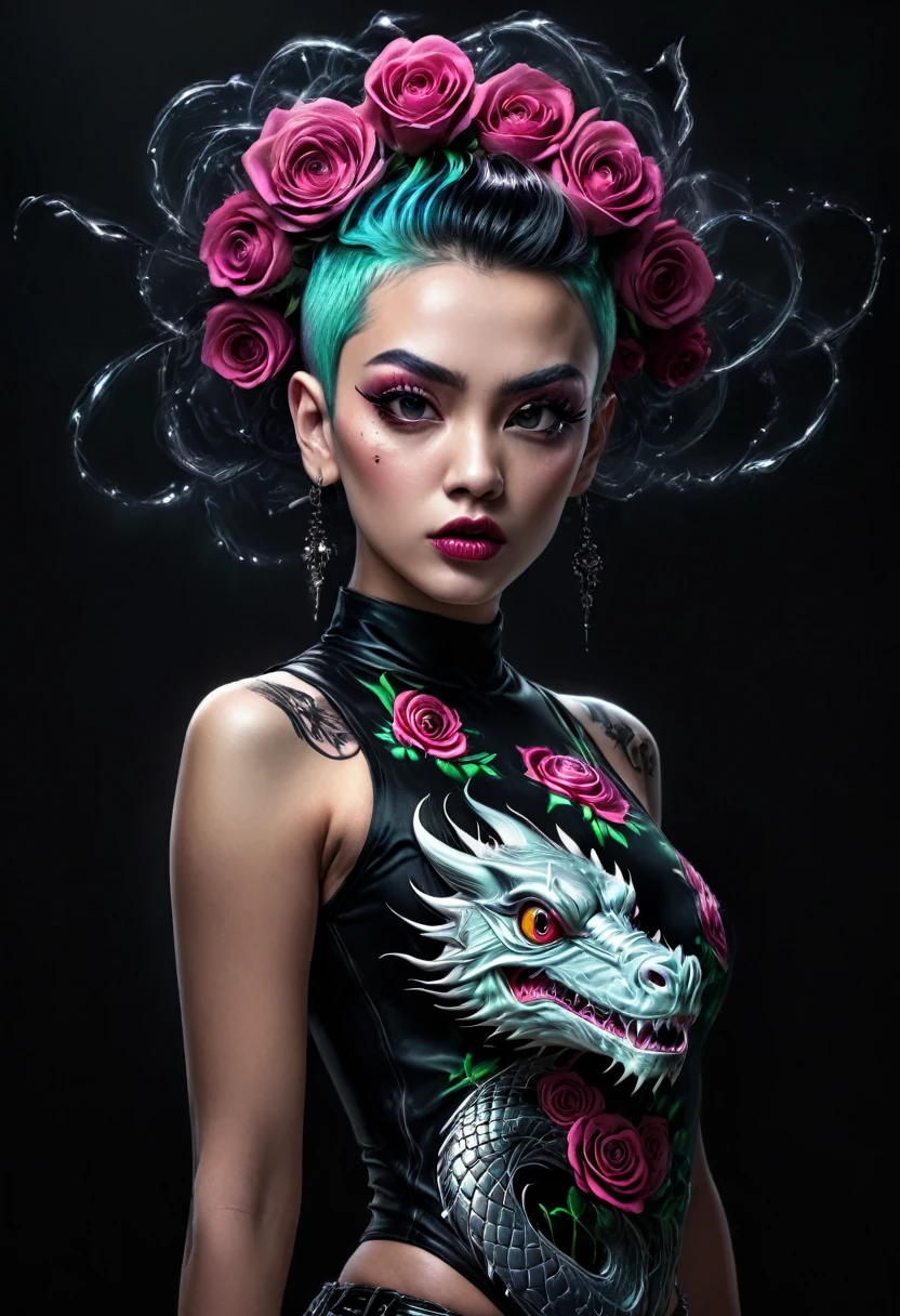 (best quality, 4k, 8K, high resolution, masterpiece: 1.2), ultra detailed: 1.4, back of a beautiful punk woman with a black dragon tattoo with roses, perfect body, mohawk hair:1,3 (photorealistic , intricate details: 1.37), highly detailed face, extremely detailed facial features, hyper-realistic skin texture, detailed skin texture, masterpiece, 8k, beautiful detailed eyes, beautiful detailed lips, extremely detailed face, long eyelashes, realistic, extremely details fine, photorealistic, dramatic lighting, moody lighting, cinematic lighting, physically based rendering, vivid colors, dramatic lighting, intricate details, cinematic composition, gothic fashion, dramatic pose