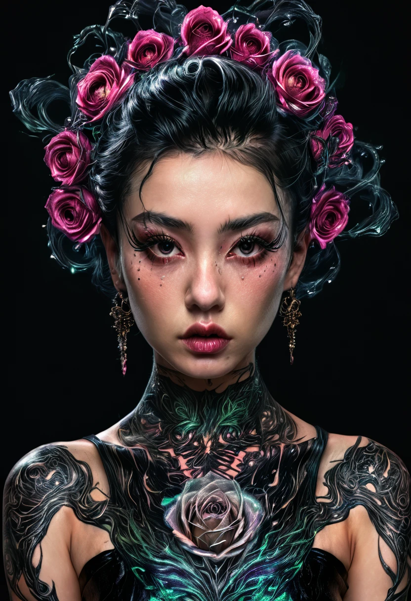 (best quality, 4k, 8K, high resolution, masterpiece: 1.2), ultra detailed: 1.4, back of a beautiful punk woman with a black dragon tattoo with roses, perfect body, mohawk hair:1,3 (photorealistic , intricate details: 1.37), highly detailed face, extremely detailed facial features, hyper-realistic skin texture, detailed skin texture, masterpiece, 8k, beautiful detailed eyes, beautiful detailed lips, extremely detailed face, long eyelashes, realistic, extremely details fine, photorealistic, dramatic lighting, moody lighting, cinematic lighting, physically based rendering, vivid colors, dramatic lighting, intricate details, cinematic composition, gothic fashion, dramatic pose