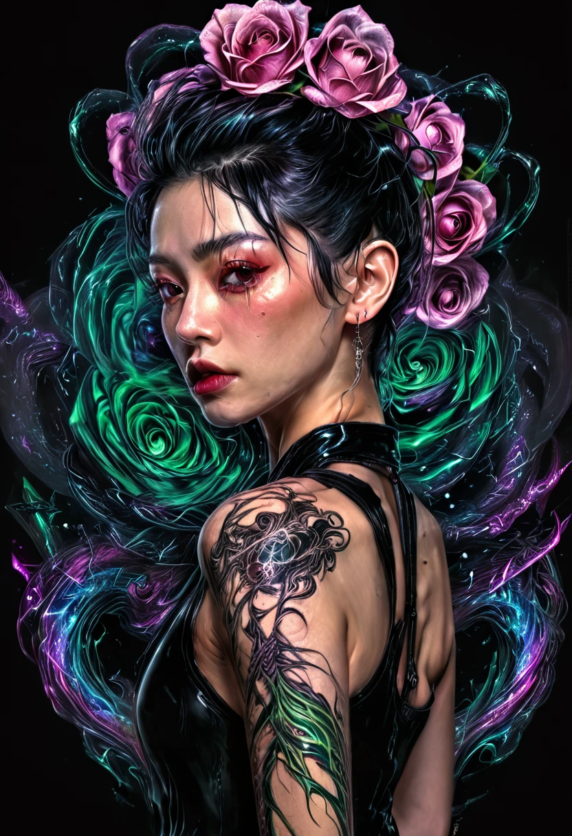 (Meilleure qualité, 4k, 8k, haute résolution, chef-d&#39;œuvre: 1.2), ultra détaillé: 1.4, dos d&#39;une belle femme punk avec un tatouage de dragon noir avec des roses, corps parfait, cheveux mohawks:1,3 (photoRéaliste , détails complexes: 1.37), Visage très détaillé, traits du visage extrêmement détaillés, hyper-Réaliste skin texture, texture de peau détaillée, chef-d&#39;œuvre, 8k, Beaux yeux détaillés, belles lèvres détaillées, visage extrêmement détaillé, long cils, Réaliste, extrêmement détaillé, photoRéaliste, Éclairage dramatique, éclairage maussade, Éclairage cinématographique, Rendu physique, Couleurs vives, Éclairage dramatique, détails complexes, composition cinématographique, mode gothique, pose dramatique