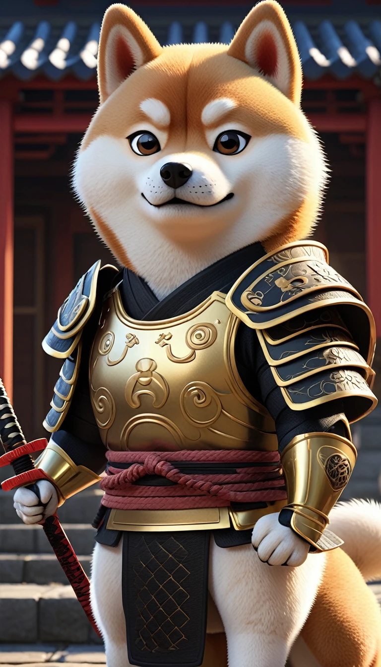 Close-up shot of a Shiba Inu, Shiba Inu Samurai,whole body, Holding a Japanese sword wrapped in black lightning，Wearing armor from the Sengoku period of Japan, Background of the Japan Temple, High resolution, masterpiece, Highest quality, Super detailed, Super detailed, Ultra-realistic,
 Japan style, 3D Fluffy, Cute and adorable close-ups, Cute big round reflective eyes, Long fuzzy fur, Pixar Rendering, unreal engine Cinematic smooth, Exquisite detail, Cinematic