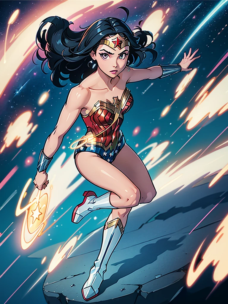 1girl, wonder woman, (leotard, bare legs), boots, gloves, space, solo, single, spread arms, standing, (spinning) like a (tornado), light particles, sparkling, super speed, solo, single, speed lines