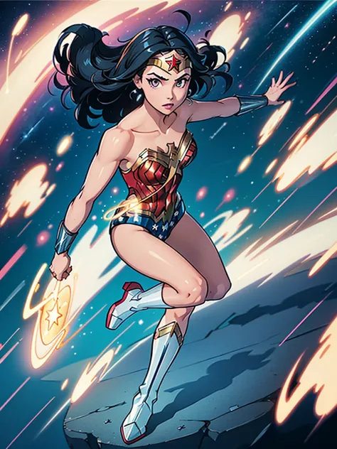 1girl, wonder woman, (leotard, bare legs), boots, gloves, space, solo, single, spread arms, standing, (spinning) like a (tornado...