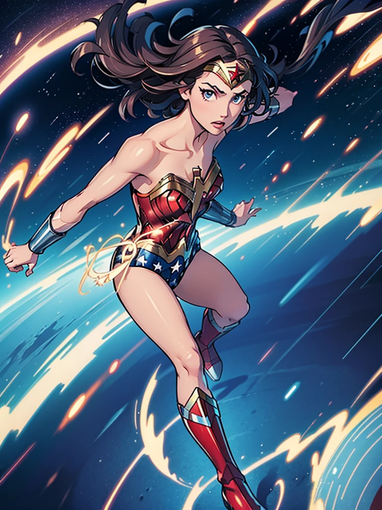 1girl, wonder woman, (leotard, bare legs), boots, gloves, space, solo, single, spread arms, standing, (spinning) like a (tornado), light particles, sparkling, super speed, solo, single, speed lines