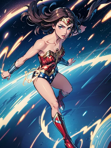 1girl, wonder woman, (leotard, bare legs), boots, gloves, space, solo, single, spread arms, standing, (spinning) like a (tornado...