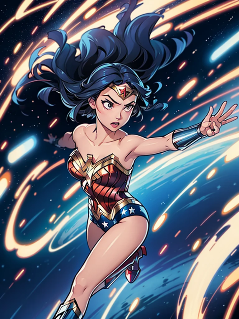 1girl, wonder woman, (leotard, bare legs), boots, gloves, space, solo, single, spread arms, standing, (spinning) like a (tornado), light particles, sparkling, super speed, solo, single, speed lines