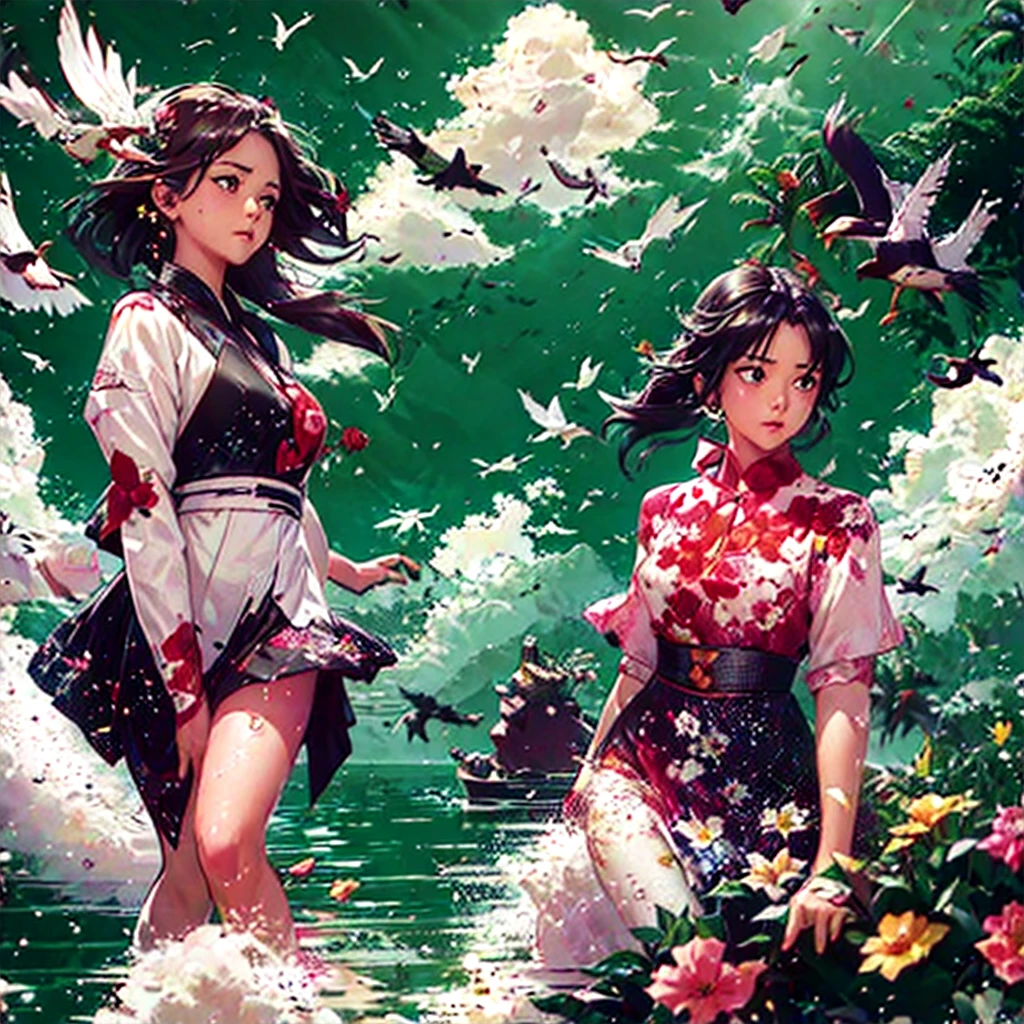 杰作, 插图, 日本动画片, 1女孩, 花的, 云, 鸟, 流动