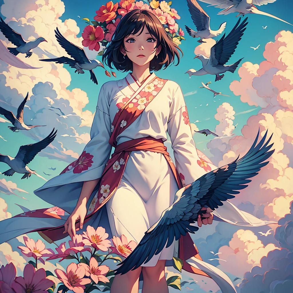 Meisterwerk, Illustration, Anime-Serie, 1 Mädchen, Blumen-, Wolke, bird, fließen