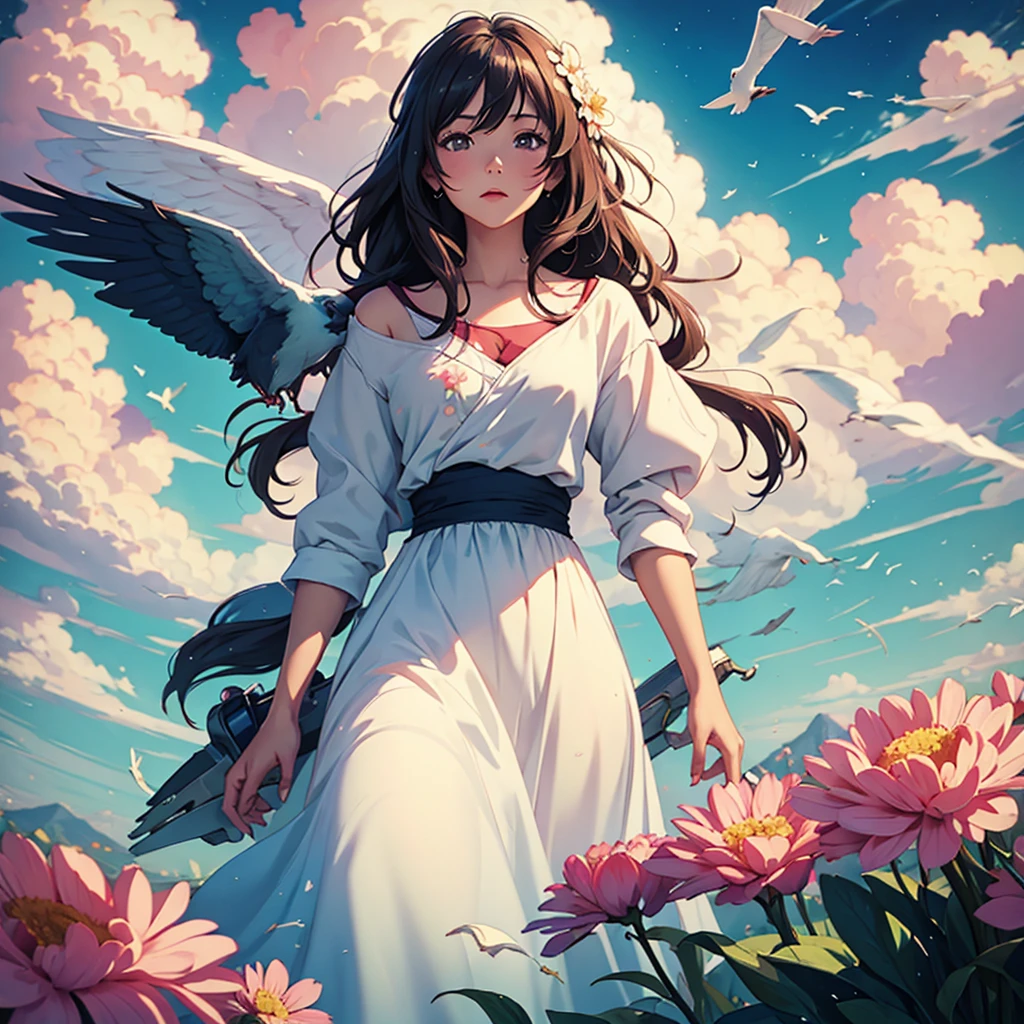 Meisterwerk, Illustration, Anime-Serie, 1 Mädchen, Blumen-, Wolke, bird, fließen