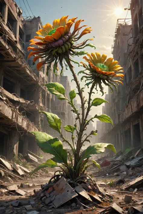 Post-apocalyptic wasteland, the most beautiful and perfect technological flower with green leaves growing amidst the dust and ru...