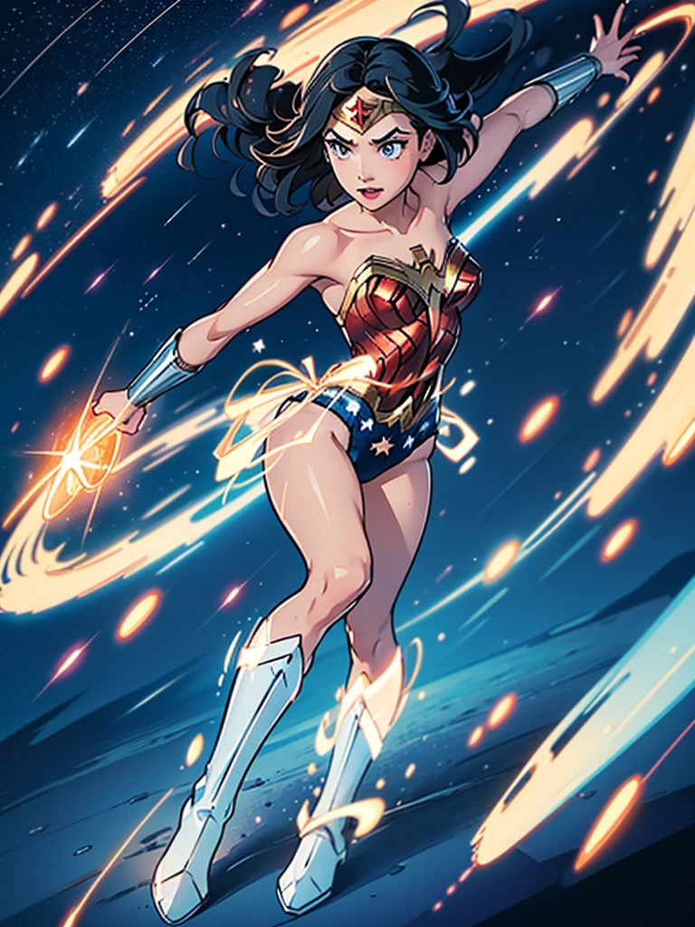 1girl, wonder woman, (leotard, bare legs), boots, gloves, space, solo, single, spread arms, standing, (spinning like a tornado), light particles, sparkling, super speed, solo, single, speed lines, spinning energy pulse