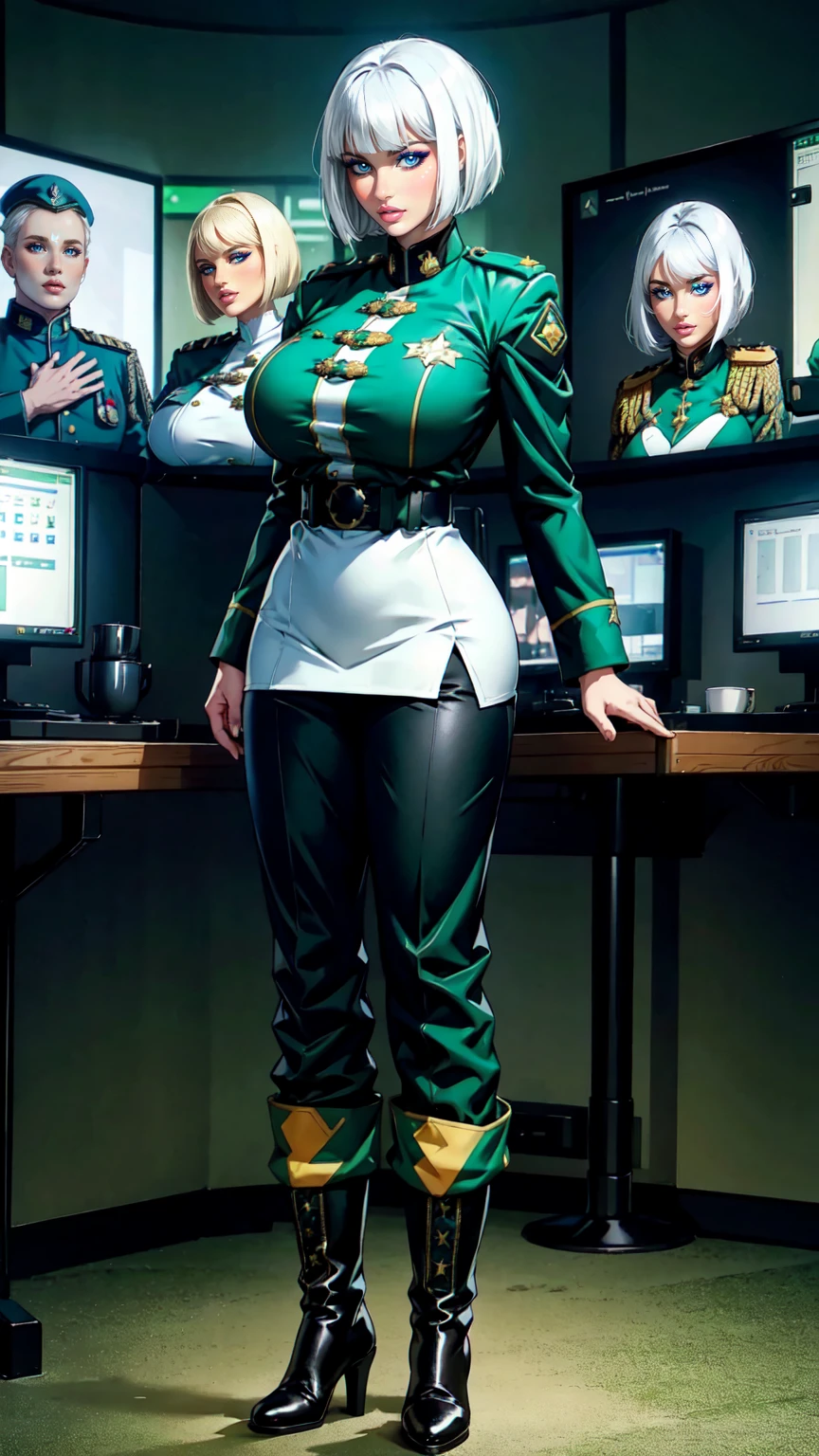 woman, white longbob haircut, Military Uniform, big breast,  blue eyes,Green Flecktarn trousers, black boots, standing in the Command Room