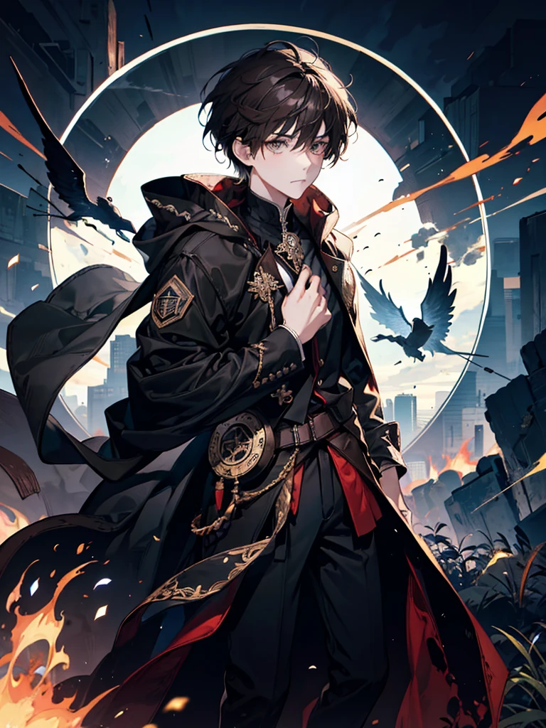 (8k), (best quality), (ultra detailed), (perfect anatomy), boy, full height, brown hair, amber eyes, black desert clothes, torn cloak, brave face, location is scorched earth, ash flies around