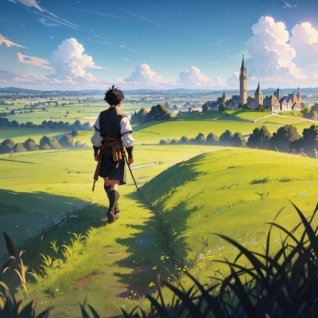 Picture a black-haired boy walking through a vast grassfield, the golden blades swaying gently in the breeze under a clear, blue sky. In the distance, the silhouette of a medieval city rises, its stone walls and spires glinting in the sunlight. The boy, dressed in medieval farmer clothes, his steps filled with a sense of purpose and adventure. Capture the contrast between the serene expanse of the grassfield and the bustling promise of the city ahead, highlighting the boy's journey from the peaceful countryside towards the unknown opportunities and challenges of urban life."