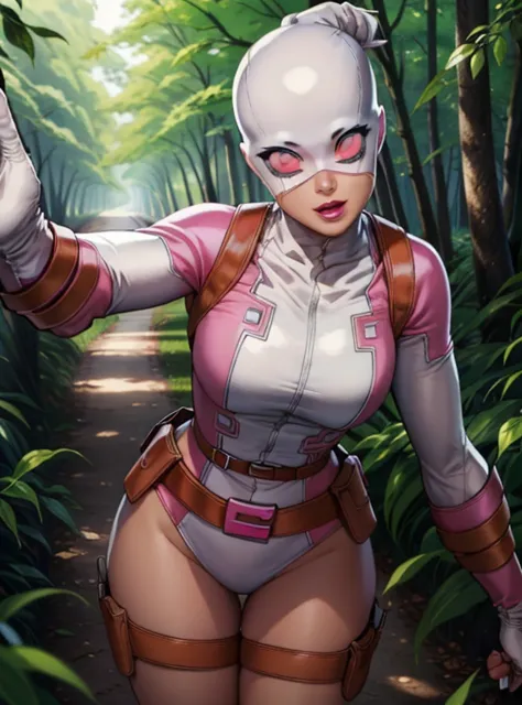 ((ultra quality)), ((masterpiece)), (gwenpool attacking:1), (detailed face:1.2), (detailed eyes:1.2), (platinum blonde hair, bri...