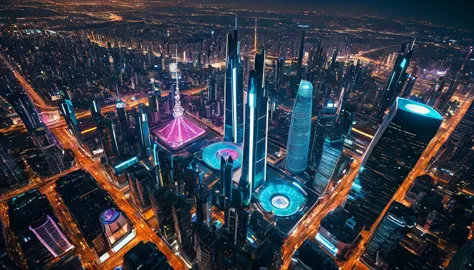 ((photorealism real photo hyperrealism)) photorealistic and cinematic image of Aerial angle of a futuristic city with tall tower...
