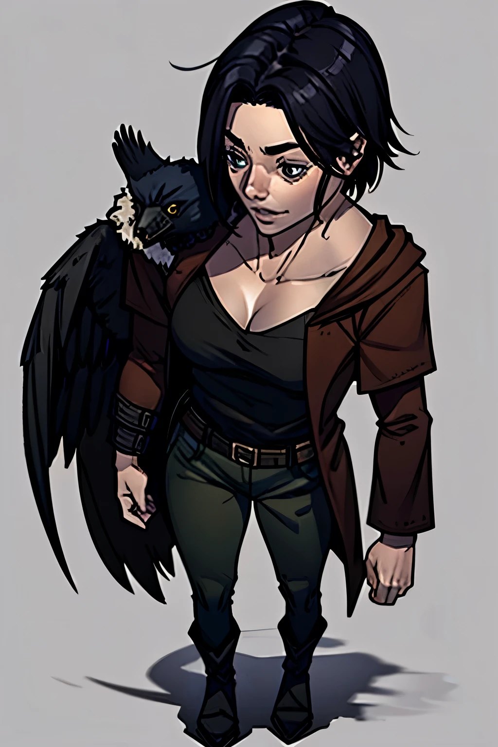 I want a human character, with raven on shoulder and black medieval clothes,in a hunting position, with a look of looking for something, showing the whole body, but walking. little crow on the shoulder, the human has the crow as a pet, I want the image without background