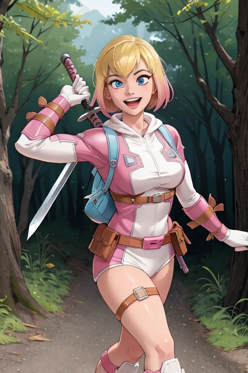 gwenpool, 1girl, weapon, blonde hair, multicolored hair, solo, blue eyes, sword, pouch, smile, mask, superhero, short hair, gradient hair, open mouth, belt, bag, two-tone hair, pink hair, breasts, adapted costume, animification, gloves, belt pouch, looking at viewer, leotard, background: beautiful forest near the river,