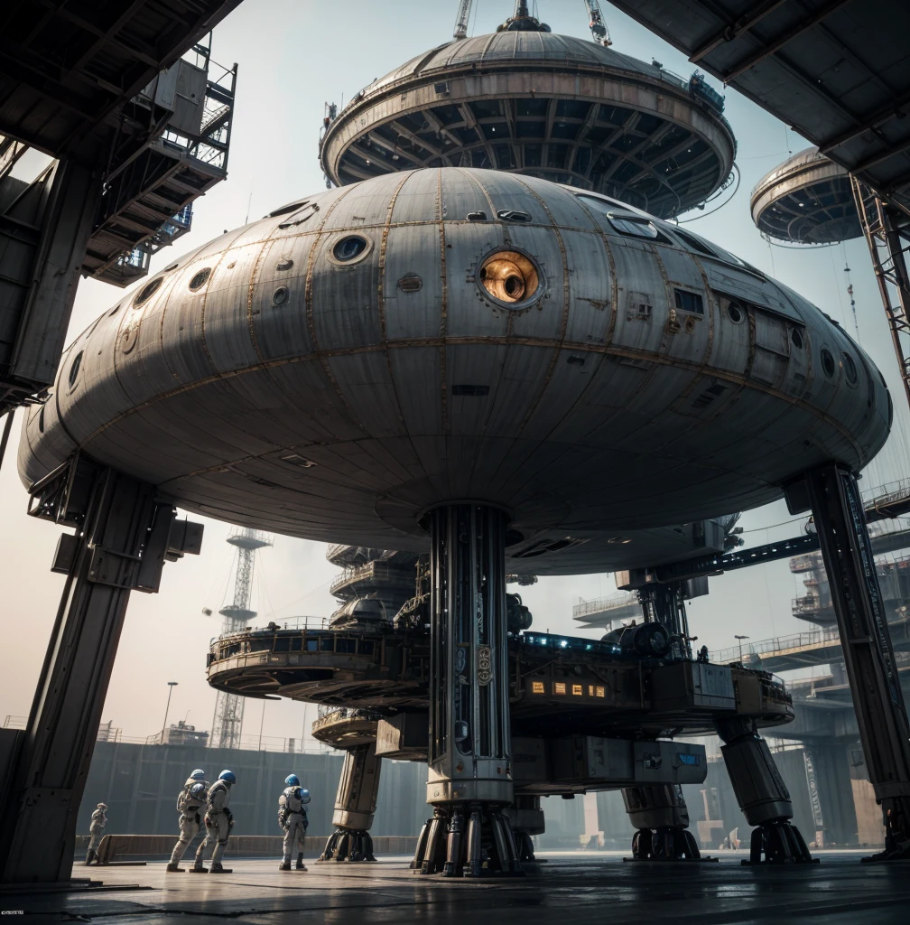 A detailed futuristic space station drydock, a massive starship under repair, human technicians and robotic Droids working together, intricate mechanical components, gleaming metallic surfaces, dynamic lighting, atmospheric haze, photorealistic, cinematic, highly detailed, 8K
