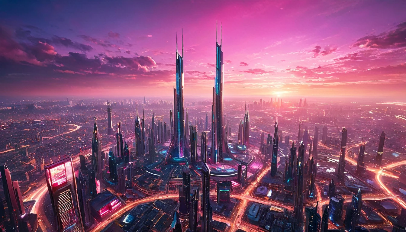 ((photorealism real photo hyperrealism)) photorealistic and cinematic image of Aerial angle of a futuristic city with tall towers of gleaming crystal and metal! The city has a futuristic high-tech look and even from afar you can see neon lights, and pink sky. cinema lighting, relaxed backlit contrast (deep focus) (f_stop 2.8), (focal length 35.0) f/2.8, 35mm focal length photography of (top view: 1.42).analog photo, silhouette, highlight, warm colors, candid Cinema RAW, 16mm, Portra 400 film with graded colors, remarkable, ultra-realistic colors. capture in (Fujifilm X-Pro3) / (f_stop 16.0) (focal_length 24.0), ultra-detailed, photographic, cinematic, fashion, dark fantasy, vibrant, photo, architecture