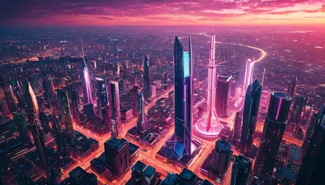 ((photorealism real photo hyperrealism)) photorealistic and cinematic image of Aerial angle of a futuristic city with tall tower...