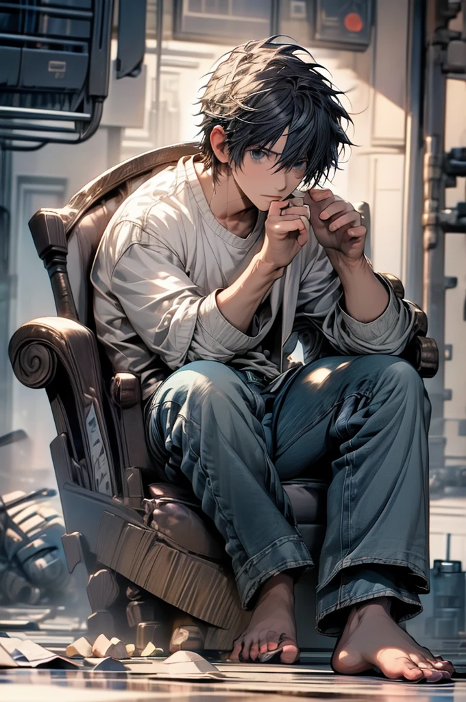 (masterpiece,best quality, detailed), 1boy, male focus, looking at viewer, full body, indoors, sitting, knees up, armchair, l lawliet, white shirt, jeans, barefoot, finger to mouth