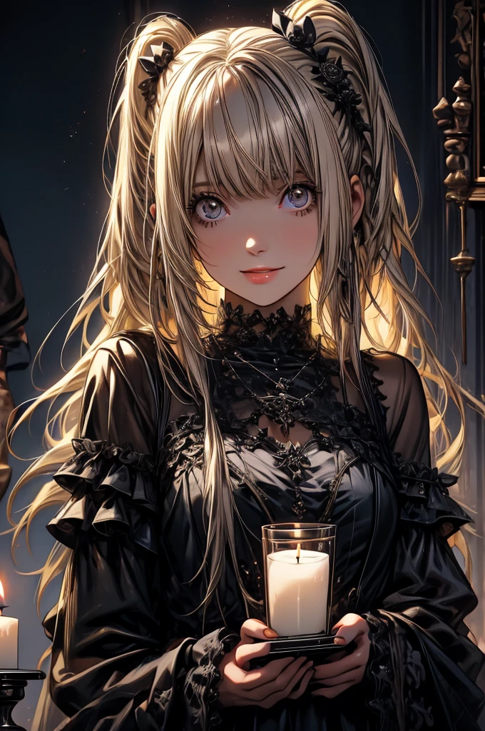 1girl, Misa Amane_(Death Note), centered girl, perfectly body, perfectly hands, holding a black note, black and white roses, ornament hair, twintails, black roses on her hair, blonde hair, long hair, seat on a bed, black dress, candles, lolita dress, gothic architecture, gothic design home, gothic style, gothic dress, more details on her clothes, golden details, night, smiling, a black note on her hand