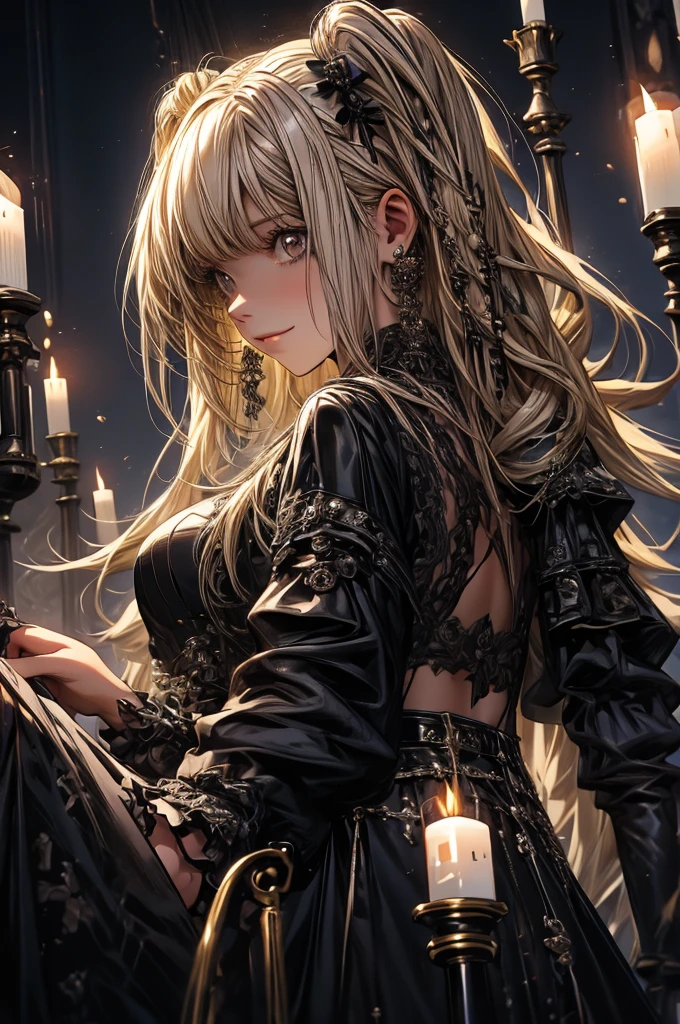 1girl, Misa Amane_(Death Note), centered girl, perfectly body, perfectly hands, holding a black note, black and white roses, ornament hair, twintails, black roses on her hair, blonde hair, long hair, seat on a bed, black dress, candles, lolita dress, gothic architecture, gothic design home, gothic style, gothic dress, more details on her clothes, golden details, night, smiling, a black note on her hand