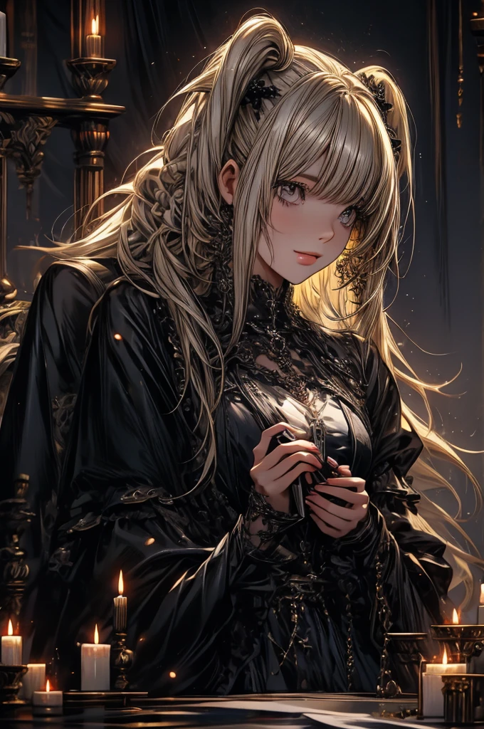 1girl, Misa Amane_(Death Note), centered girl, perfectly body, perfectly hands, holding a black note, black and white roses, ornament hair, twintails, black roses on her hair, blonde hair, long hair, seat on a bed, black dress, candles, lolita dress, gothic architecture, gothic design home, gothic style, gothic dress, more details on her clothes, golden details, night, smiling, a black note on her hand