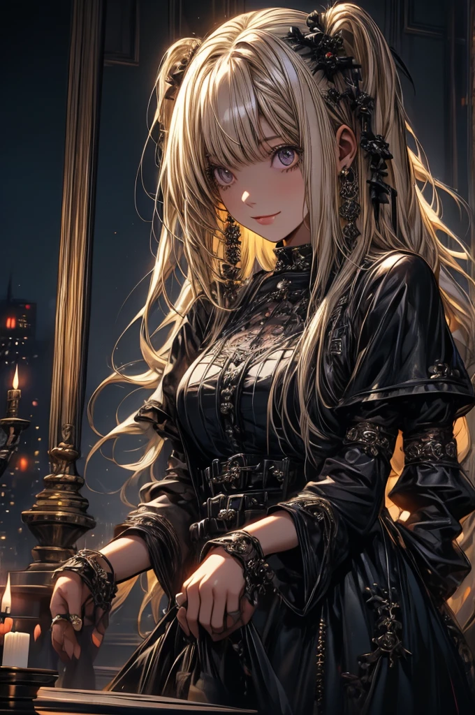 1girl, Misa Amane_(Death Note), centered girl, perfectly body, perfectly hands, holding a black note, black and white roses, ornament hair, twintails, black roses on her hair, blonde hair, long hair, seat on a bed, black dress, candles, lolita dress, gothic architecture, gothic design home, gothic style, gothic dress, more details on her clothes, golden details, night, smiling, a black note on her hand