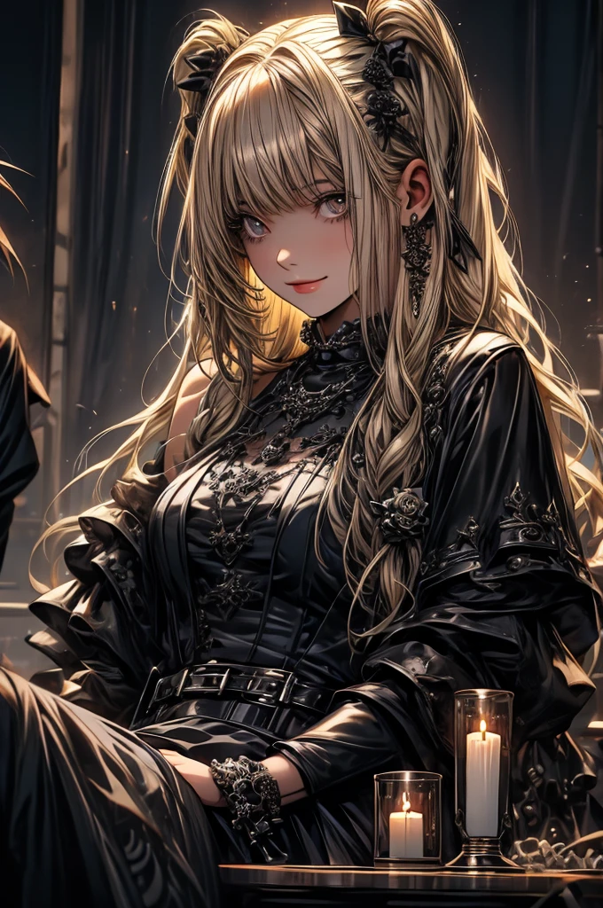 1girl, Misa Amane_(Death Note), centered girl, perfectly body, perfectly hands, holding a black note, black and white roses, ornament hair, twintails, black roses on her hair, blonde hair, long hair, seat on a bed, black dress, candles, lolita dress, gothic architecture, gothic design home, gothic style, gothic dress, more details on her clothes, golden details, night, smiling, a black note on her hand